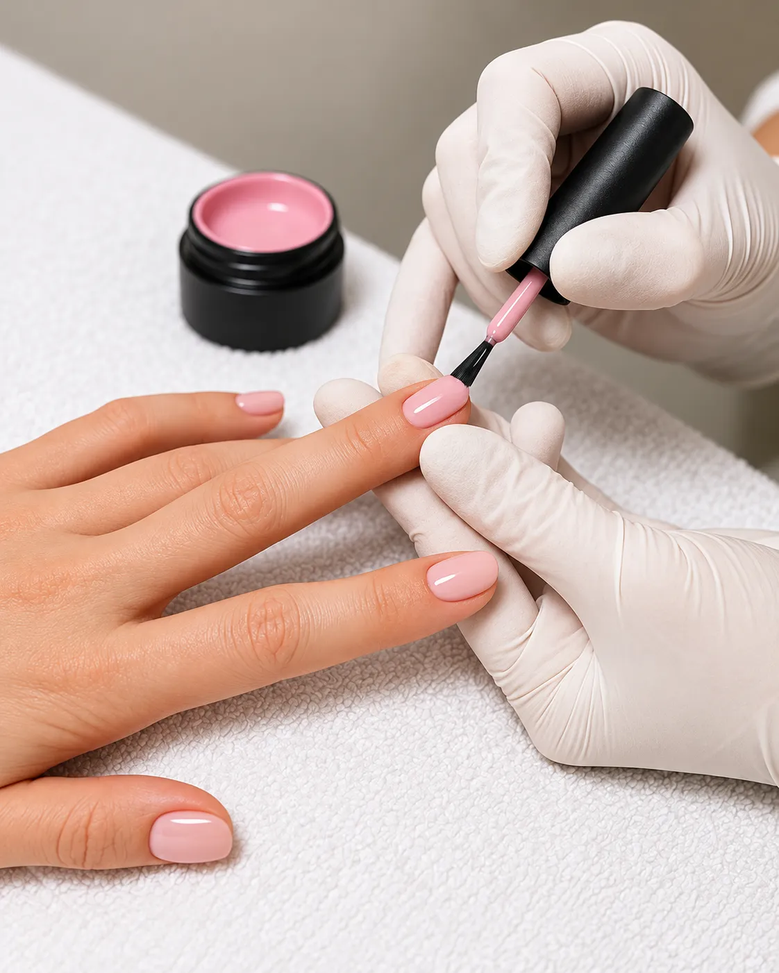 Manicure in progress with soft pink nail polish