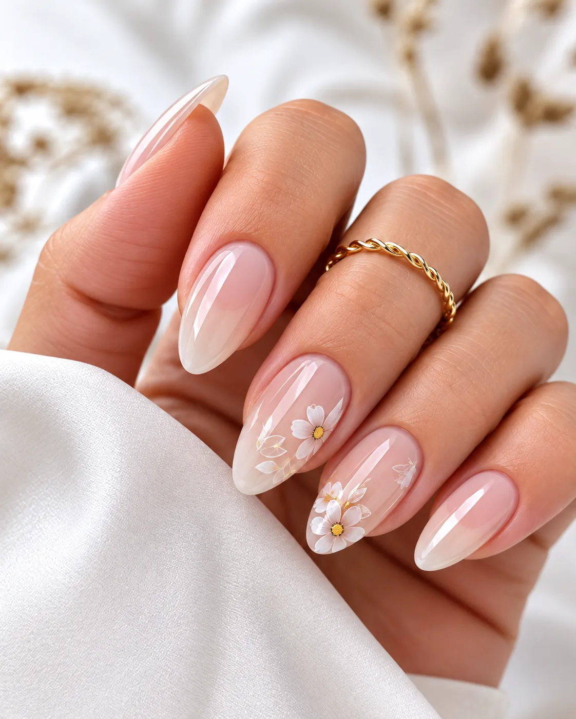 Detailed nail art featuring a neutral pink manicure