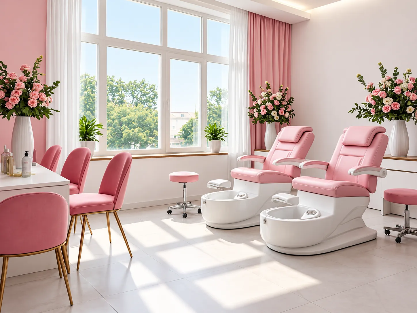 Warm-toned nail spa atmosphere with seating and salon details