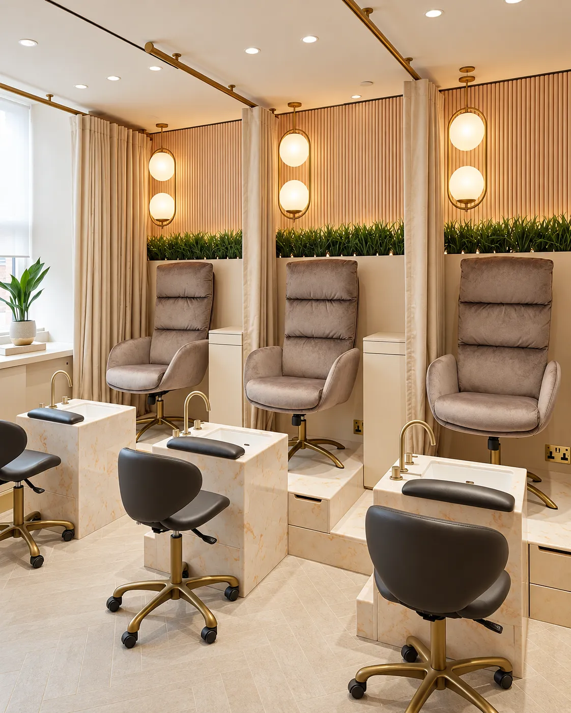Nail salon interior with seating and beauty service stations