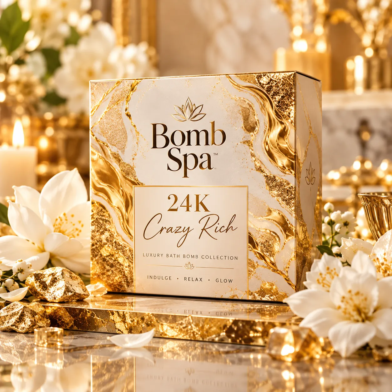 24K Crazy Rich Bomb Spa scent product arrangement