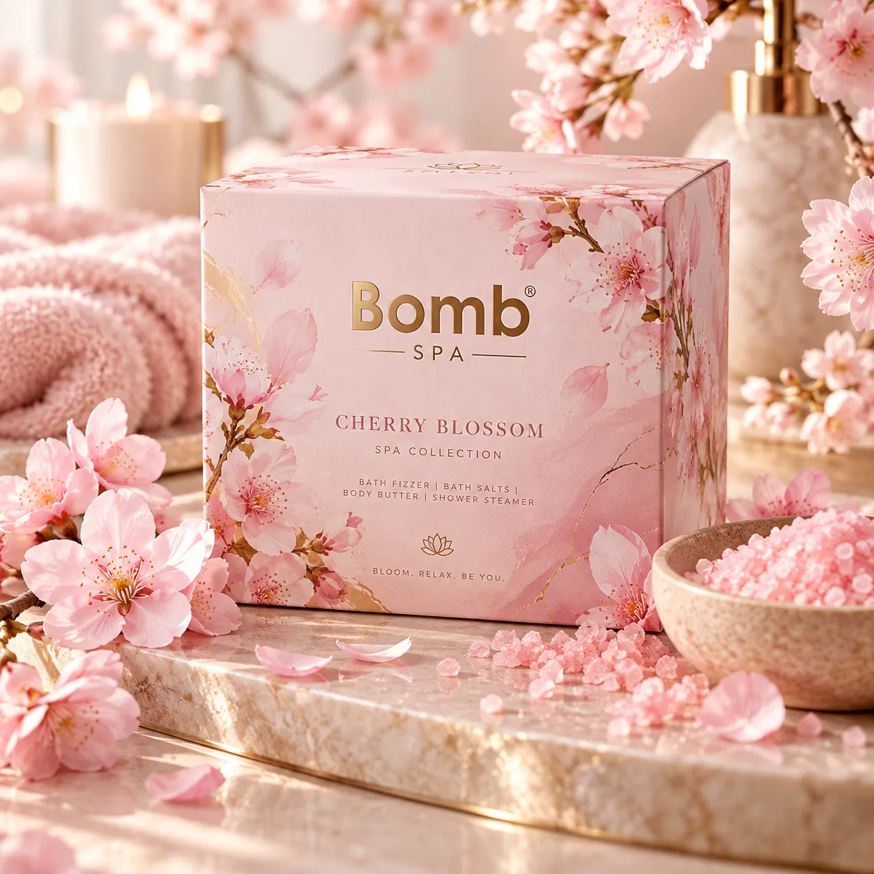 Cherry Blossom Bomb Spa scent product arrangement