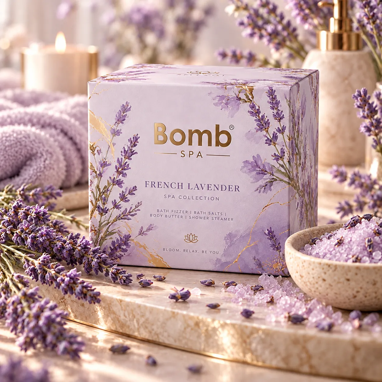 French Lavender Bomb Spa scent product arrangement