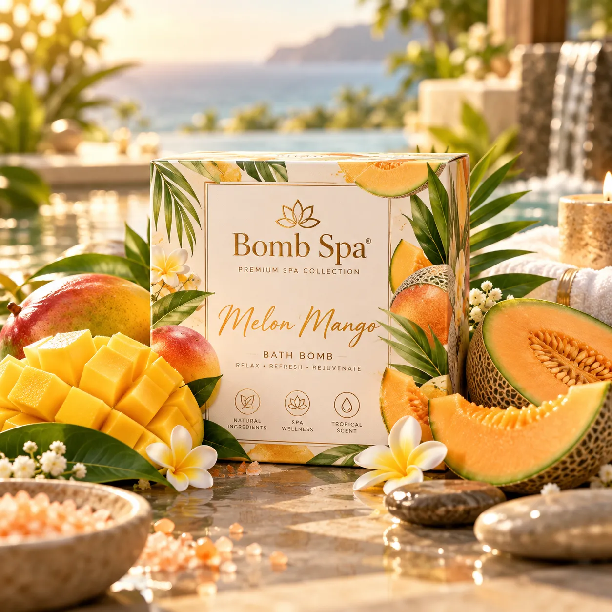 Melon Mango Bomb Spa scent product arrangement
