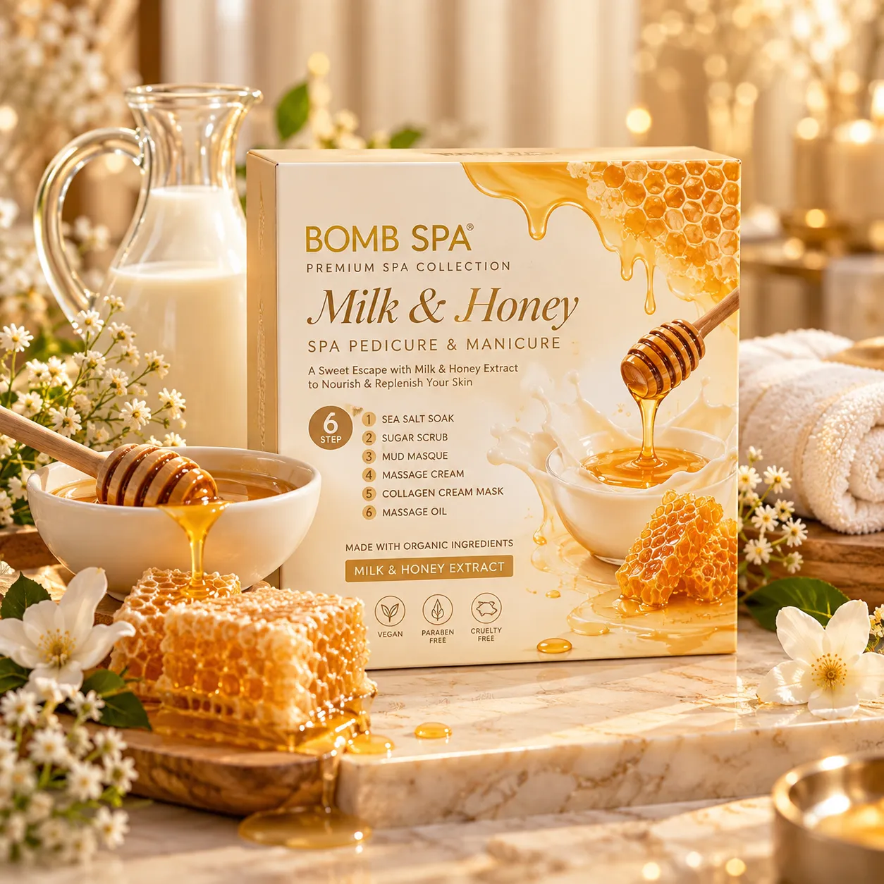 Milk & Honey Bomb Spa scent product arrangement