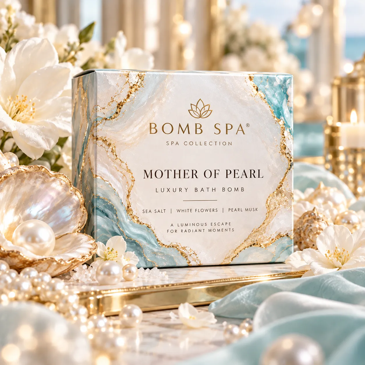 Mother of Pearl Bomb Spa scent product arrangement