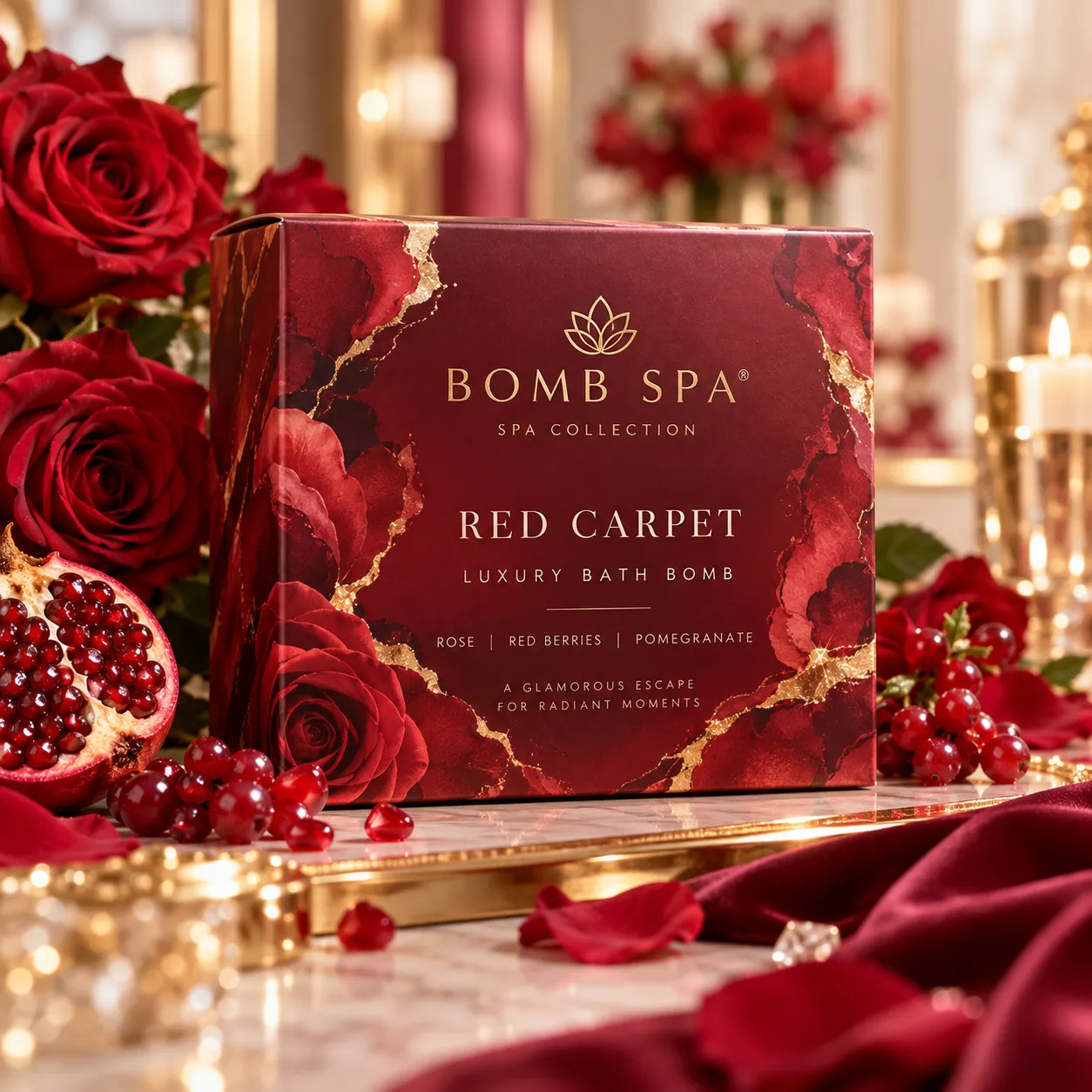 Red Carpet Bomb Spa scent product arrangement