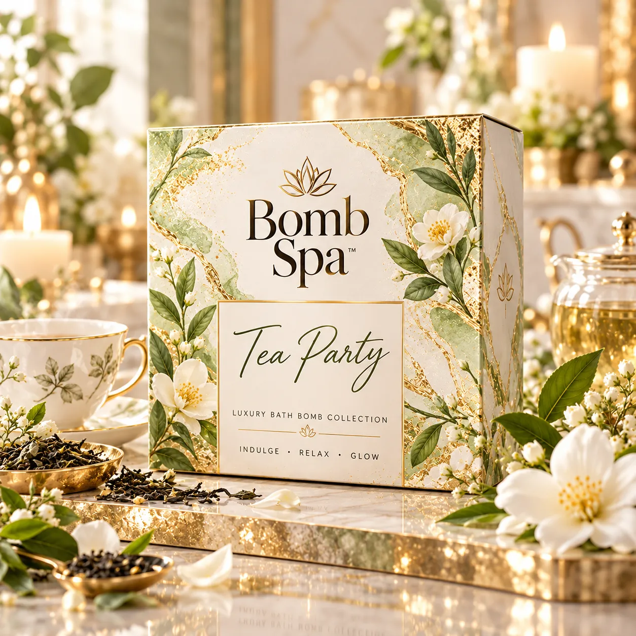 Tea Party Bomb Spa scent product arrangement