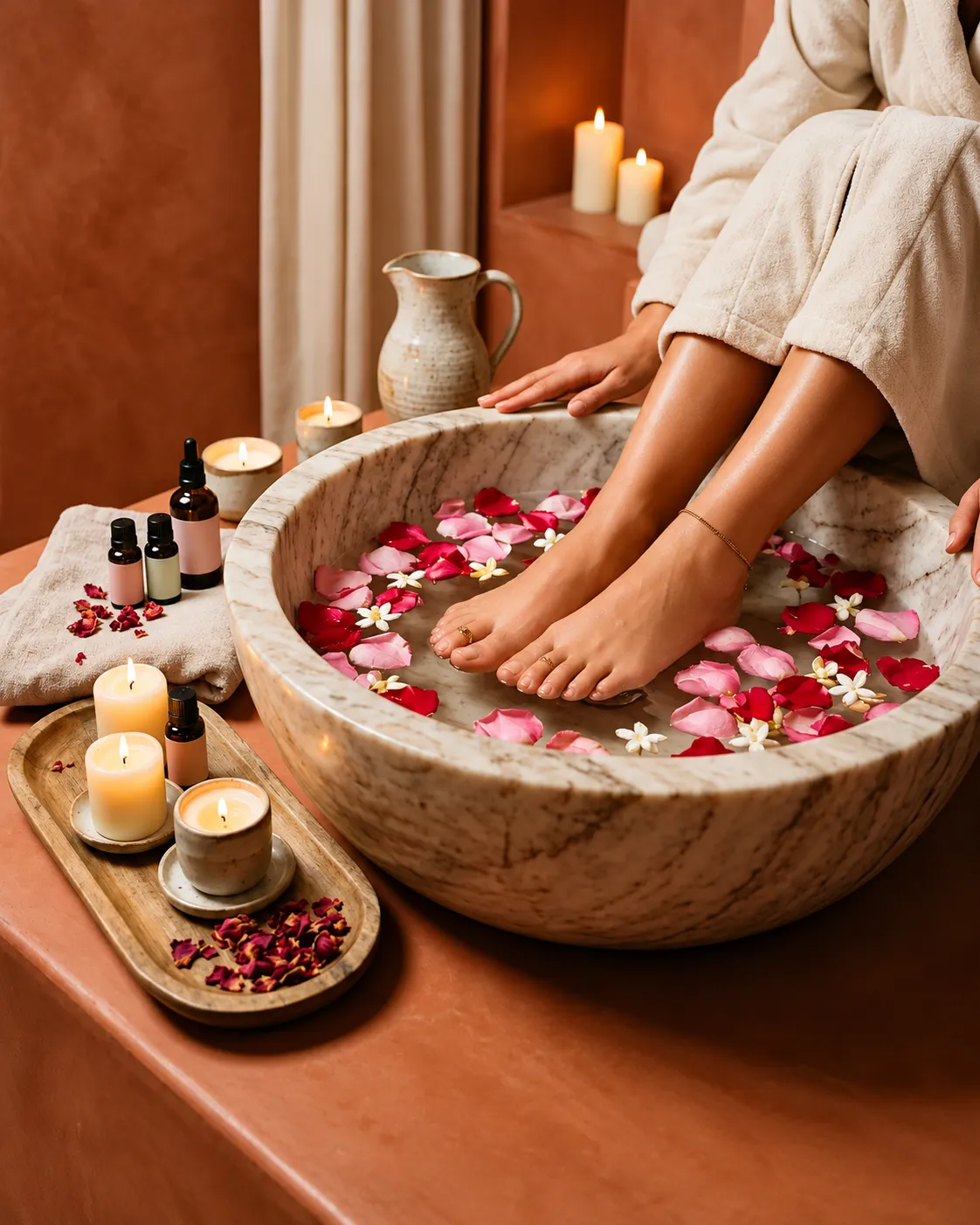 Pedicure treatment with polished toenails