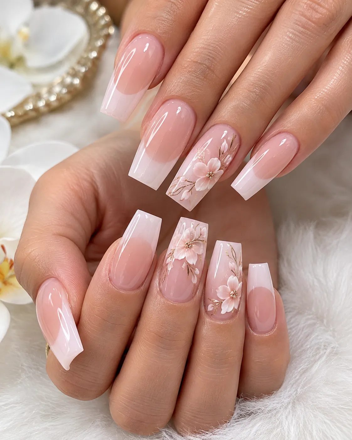 Soft pink acrylic nail extensions with nail art detail