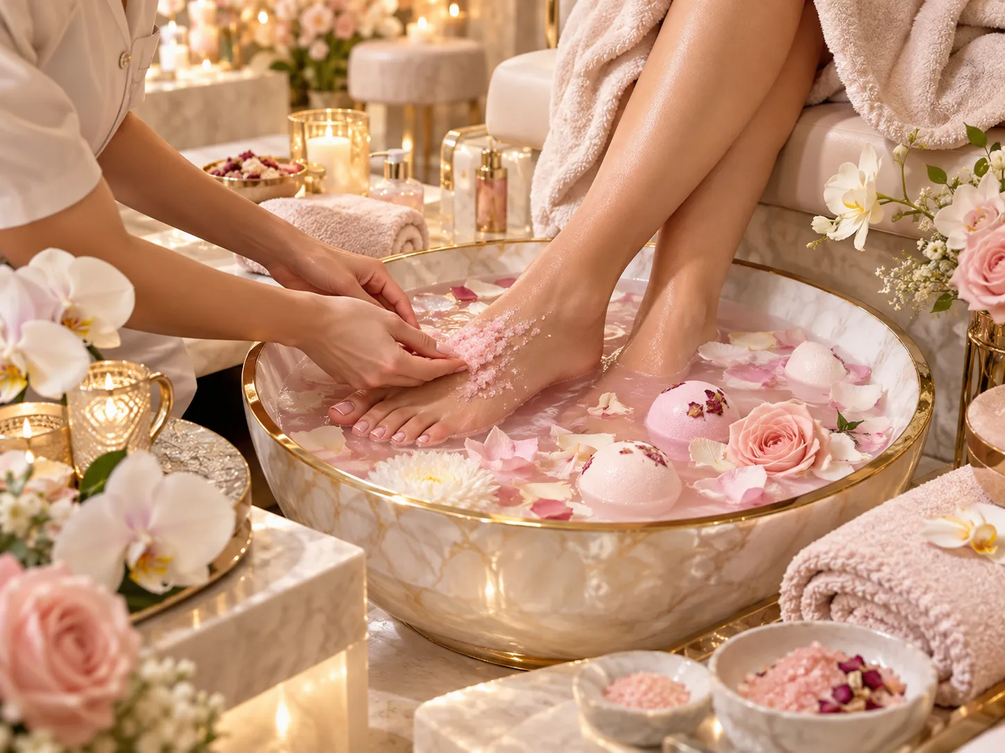 Bomb Spa Pedicure inspired scene with spa products and flowers