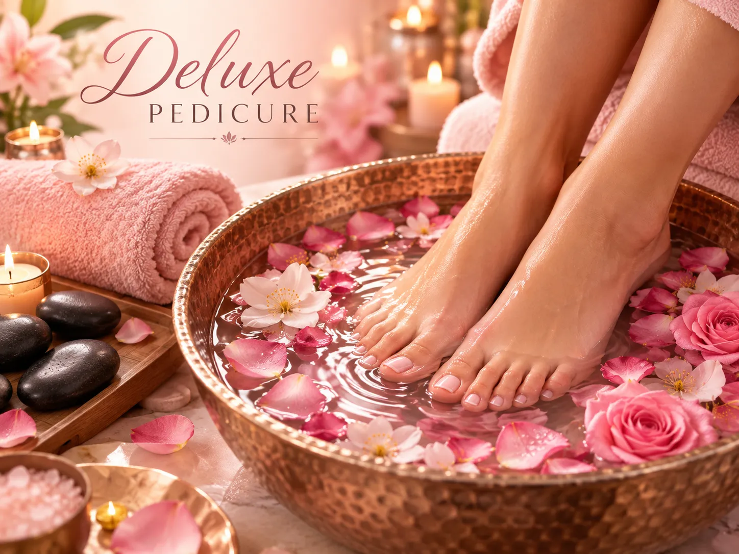 Deluxe pedicure spa arrangement with warm towel and stone details