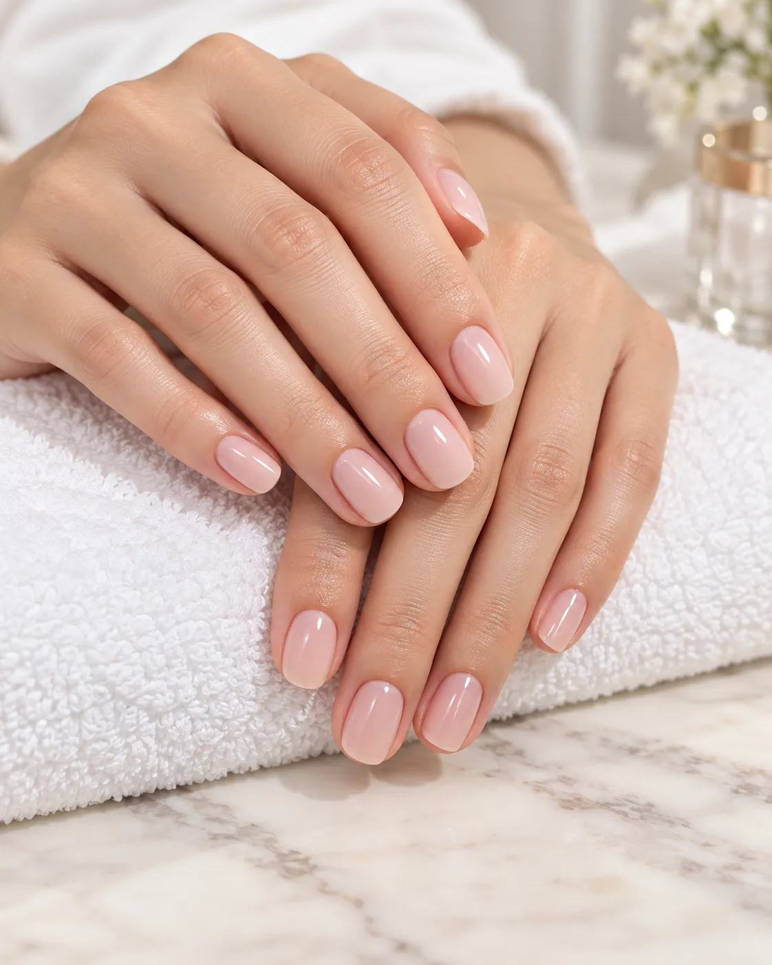 Blush pink manicure on neatly shaped nails
